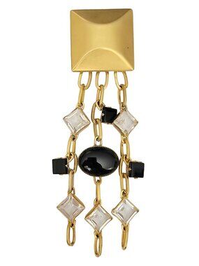 Gold Tone Square Bar With Clear, Black Rhinestone, Chain Dangles Brooch